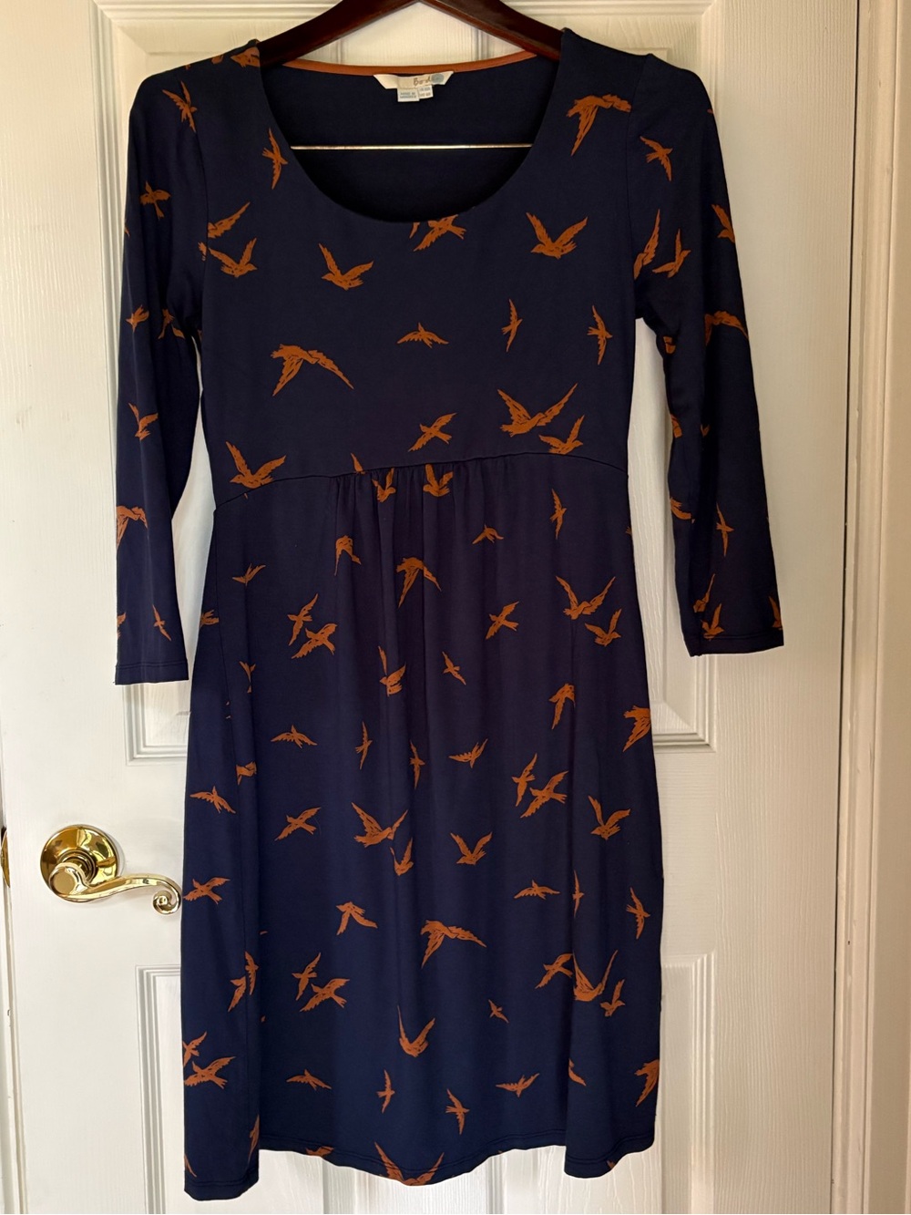 Boden women’s Navy Midi Dress with Rust brown Bird Print